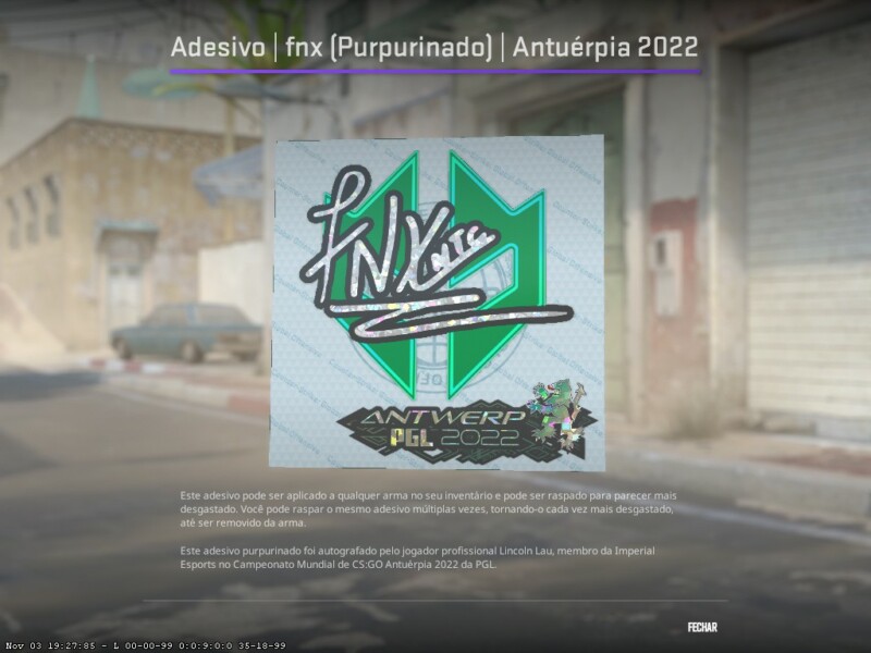Adesivo purpurinado (novidade no PGL Major Antwerp 2022) de fnx | Foto: Reprodução/Counter-Strike